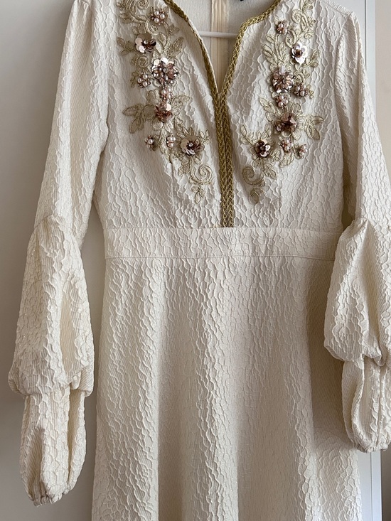 SHEIN Dresses & Skirts - SHEIN Cream Lace Long Sleeve Dress with Gold Trim & Blush Floral Appliqué